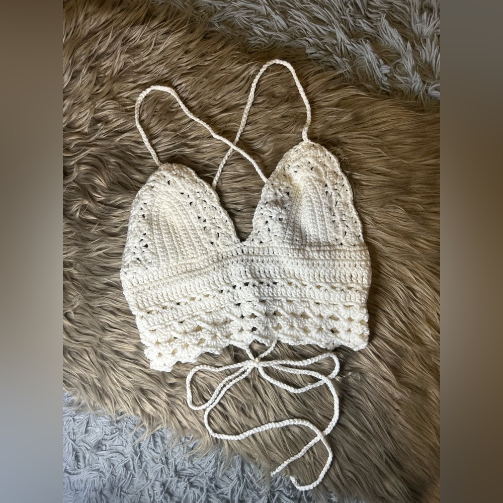 Handmade Crochet White Boho Halter Bralette Top